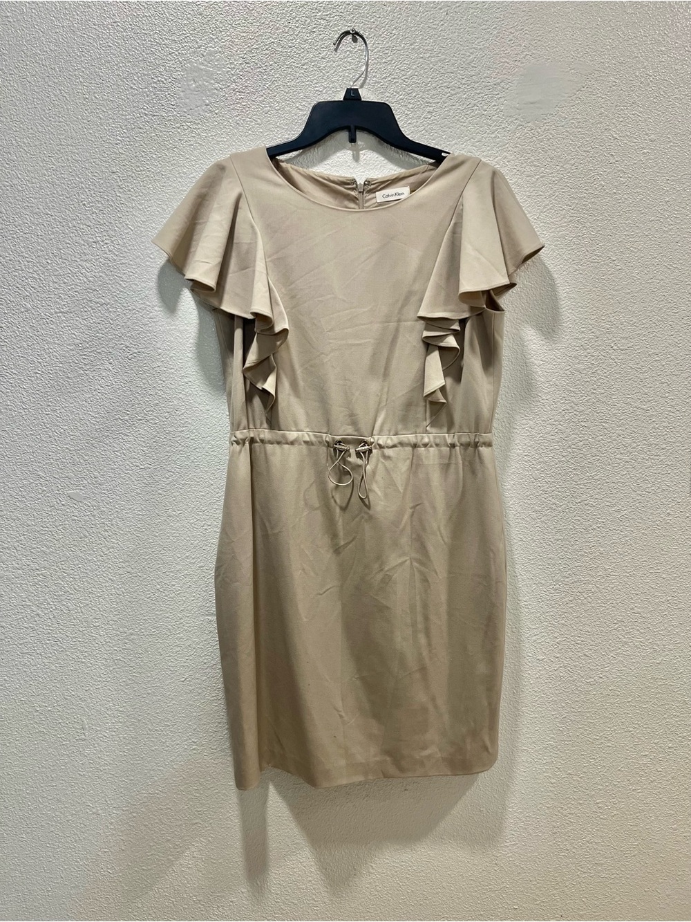 Calvin Klein Taupe Ruffle-Sleeve Drawstring Midi Dress